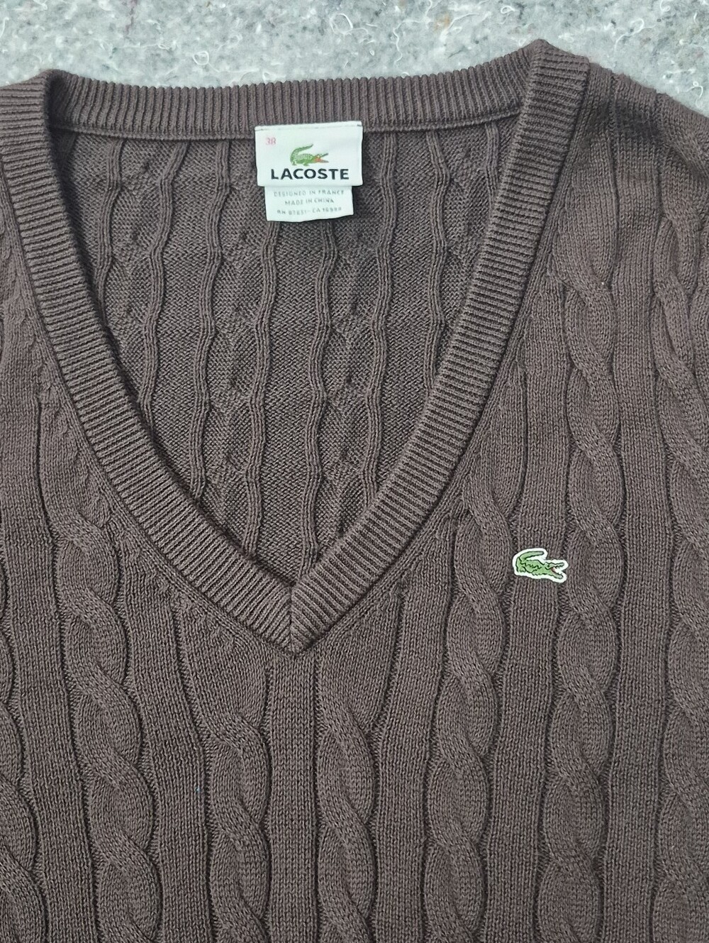 Lacoste Women's Cable Knit V-Neck Sweater Size 38 Brown Slim Fit Cotton